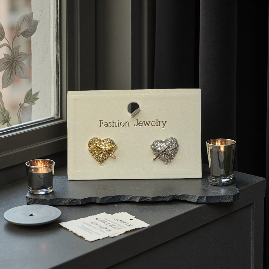 Gold and silver heart-shaped diamond-encrusted stud earrings and white jewelry card packaging Gold and silver heart-shaped diamond-encrusted stud earrings and white jewelry card packaging