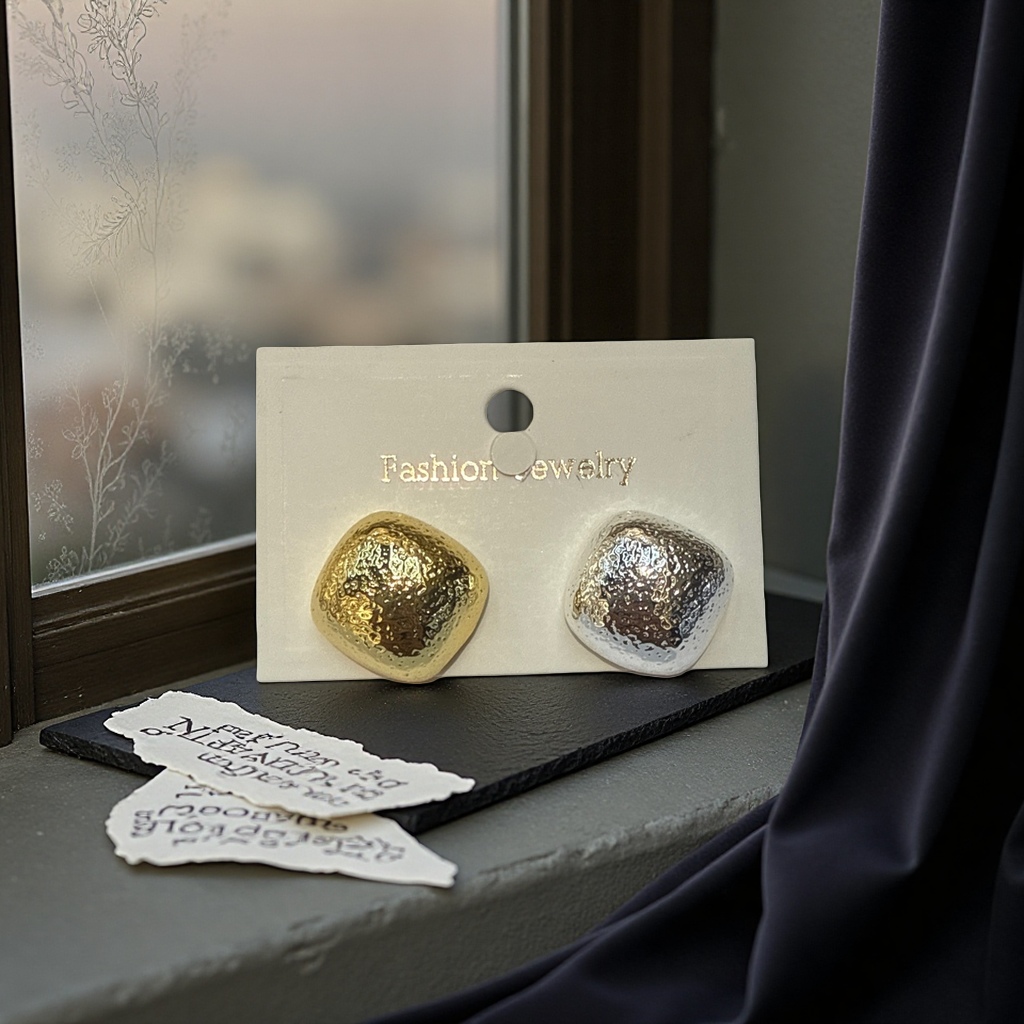 Gold and silver hammer-patterned square ear studs, fashionable and light luxury geometric style earrings details Picture