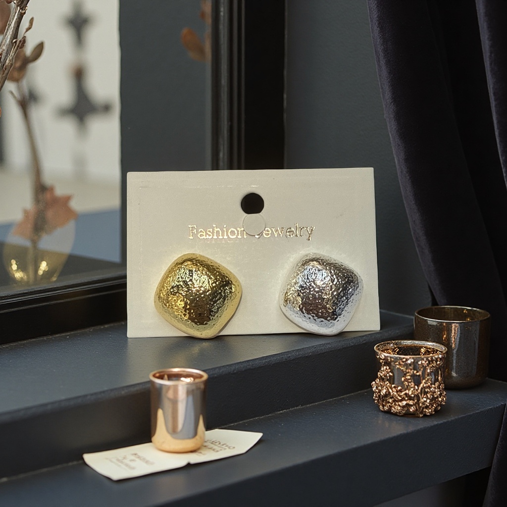 Gold and silver hammer-patterned square ear studs, fashionable and light luxury geometric style earrings Application Scenario