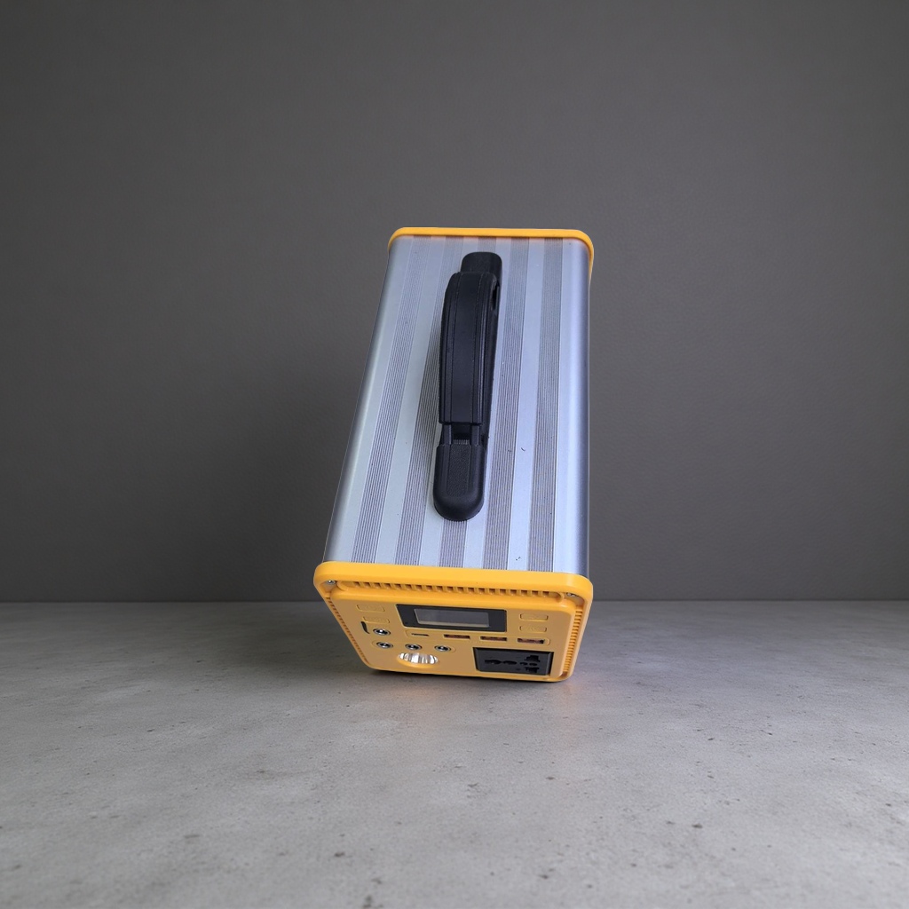 Portable power supply with silver striped shell and yellow frame Application Scenario