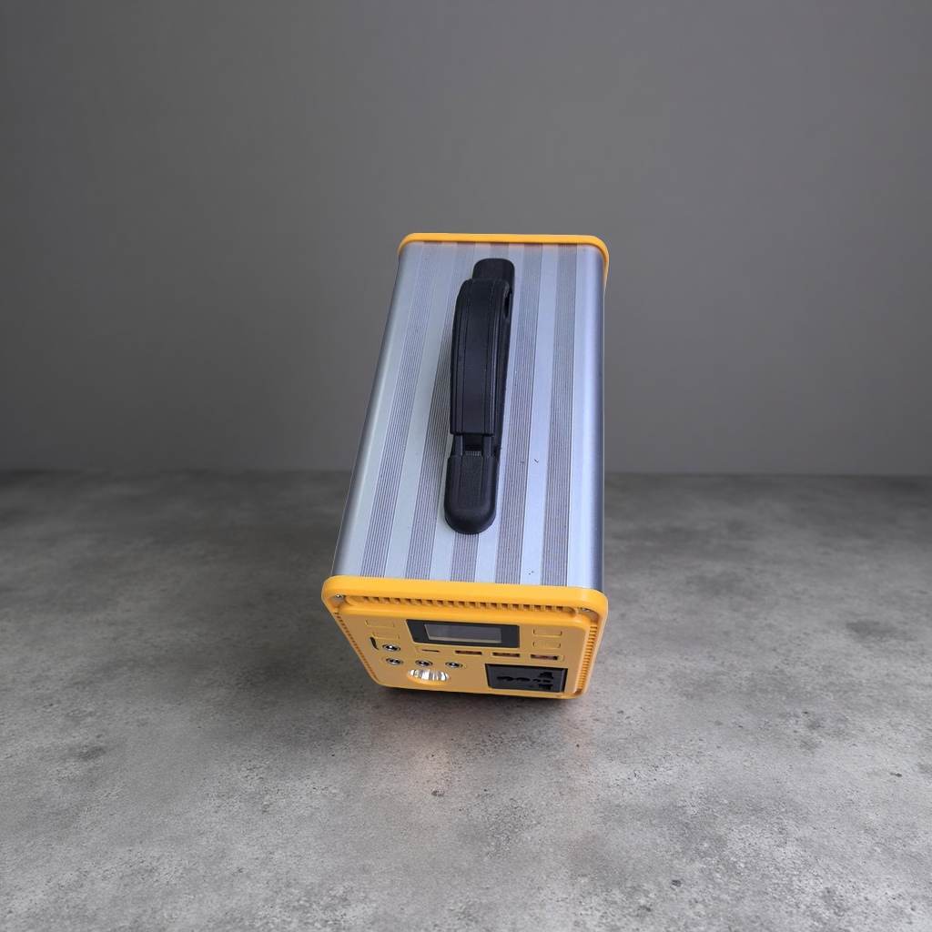 Portable power supply with silver striped shell and yellow frame Specification image