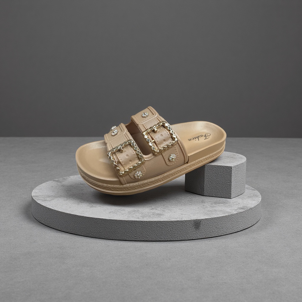 米色双带镶钻凉拖女夏季舒适防滑平底 sandals slipper拖鞋女夏季时尚图