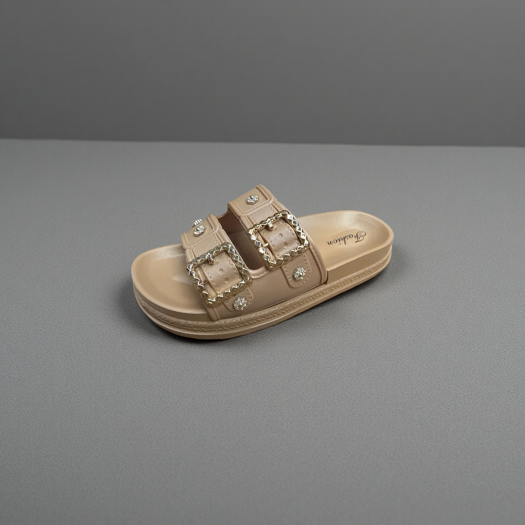 米色双带镶钻凉拖女夏季舒适防滑平底 sandals slipper拖鞋女夏季时尚产品图