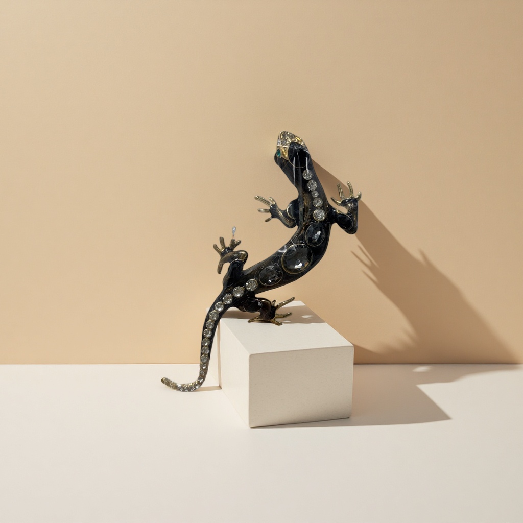 The black diamond-encrusted lizard-shaped brooch is a fashionable and retro accessory with an exquisite metallic texture details Picture