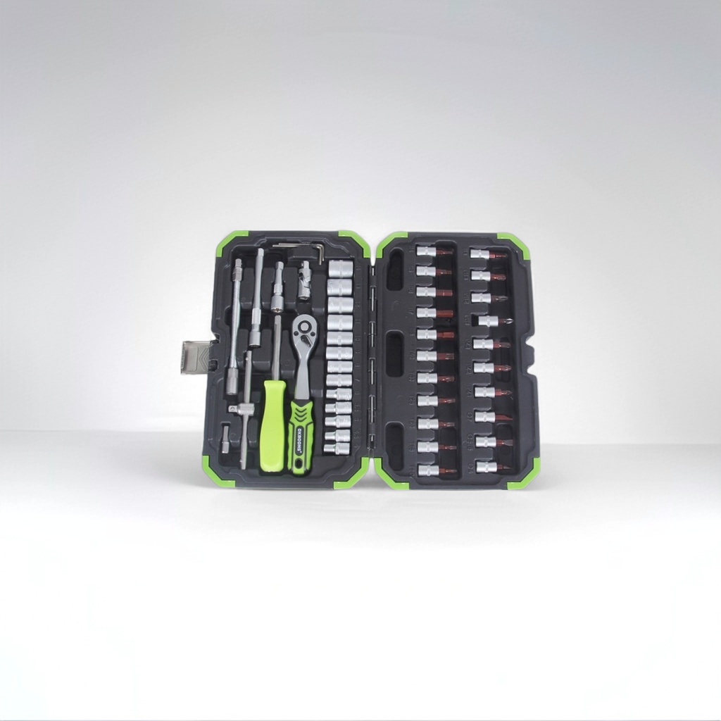 The black and green-edged toolbox contains multiple metal tools details Picture