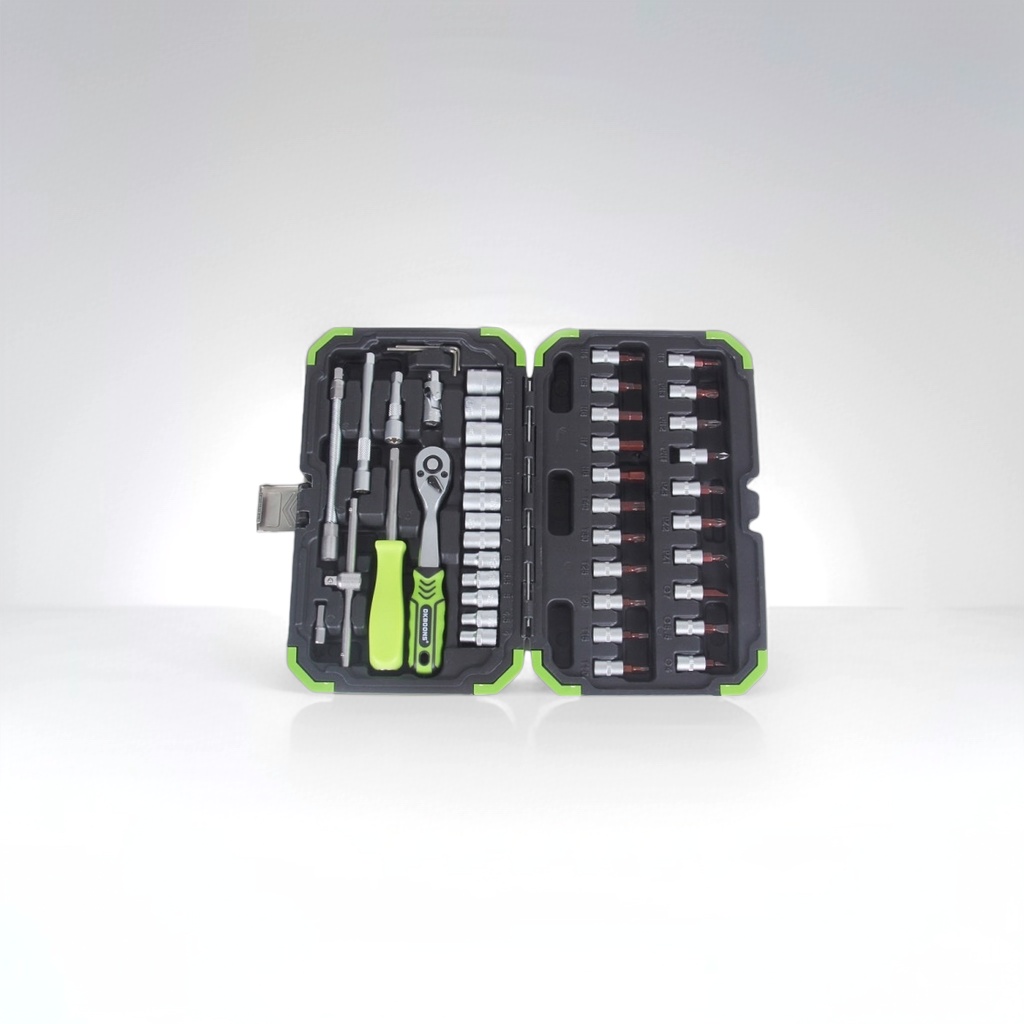 The black and green-edged toolbox contains multiple metal tools Application Scenario