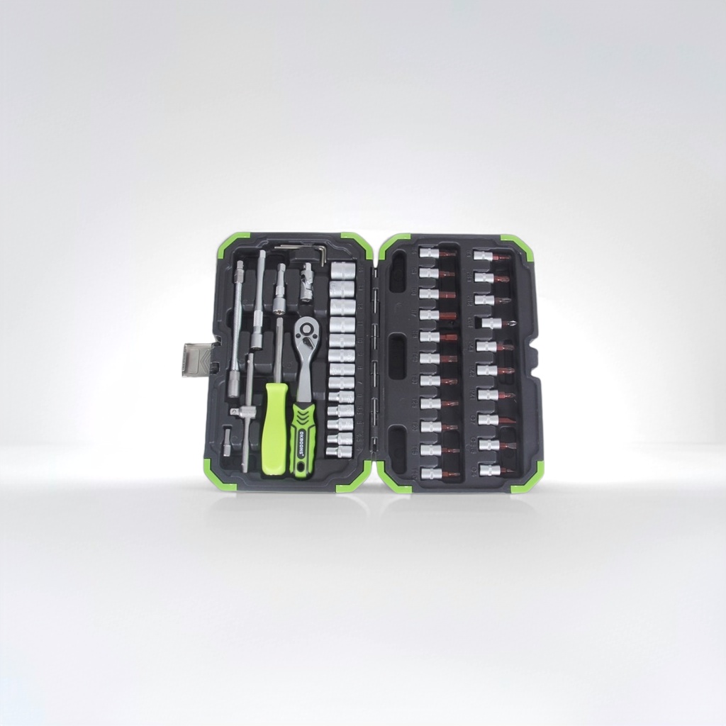 The black and green-edged toolbox contains multiple metal tools Specification image