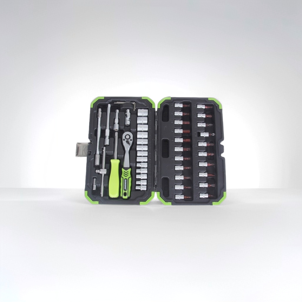 The black and green-edged toolbox contains multiple metal tools