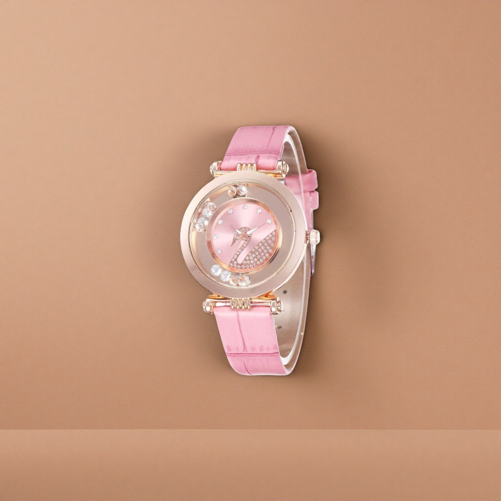 The pink strap and rose gold case ladies' quartz watch is simple, fashionable and light luxury