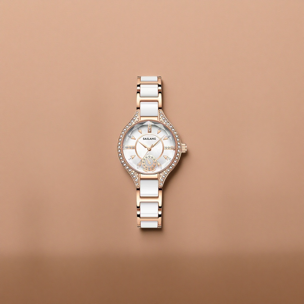 Rose gold diamond-encrusted white porcelain strap quartz wristwatch for women, a light luxury and fashionable timepiece details Picture