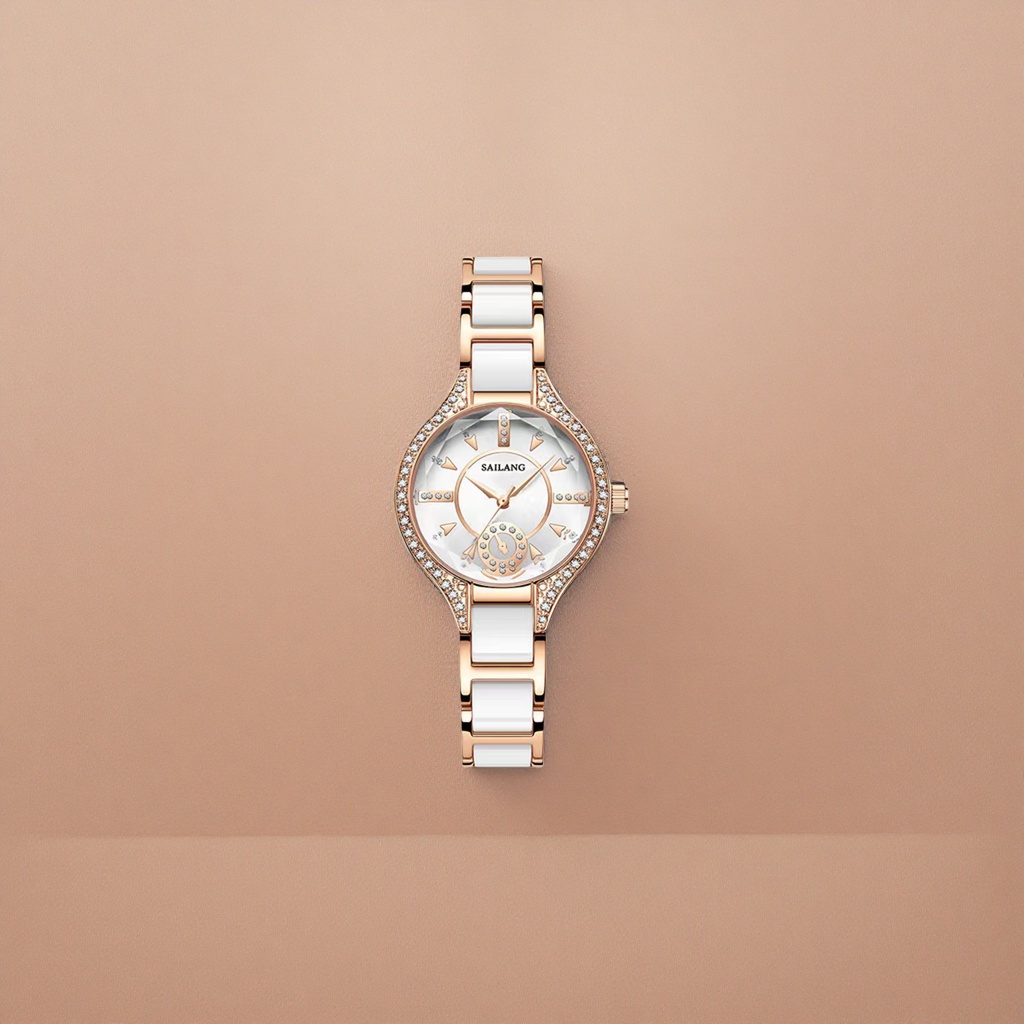 Rose gold diamond-encrusted white porcelain strap quartz wristwatch for women, a light luxury and fashionable timepiece Application Scenario