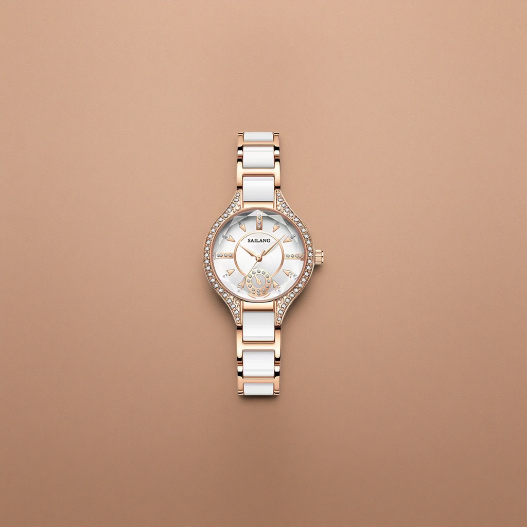 Rose gold diamond-encrusted white porcelain strap quartz wristwatch for women, a light luxury and fashionable timepiece Specification image