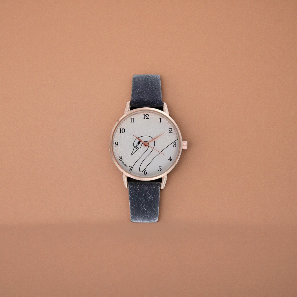 Rose gold case, black glitter strap, white dial, swan pattern watch Specification image