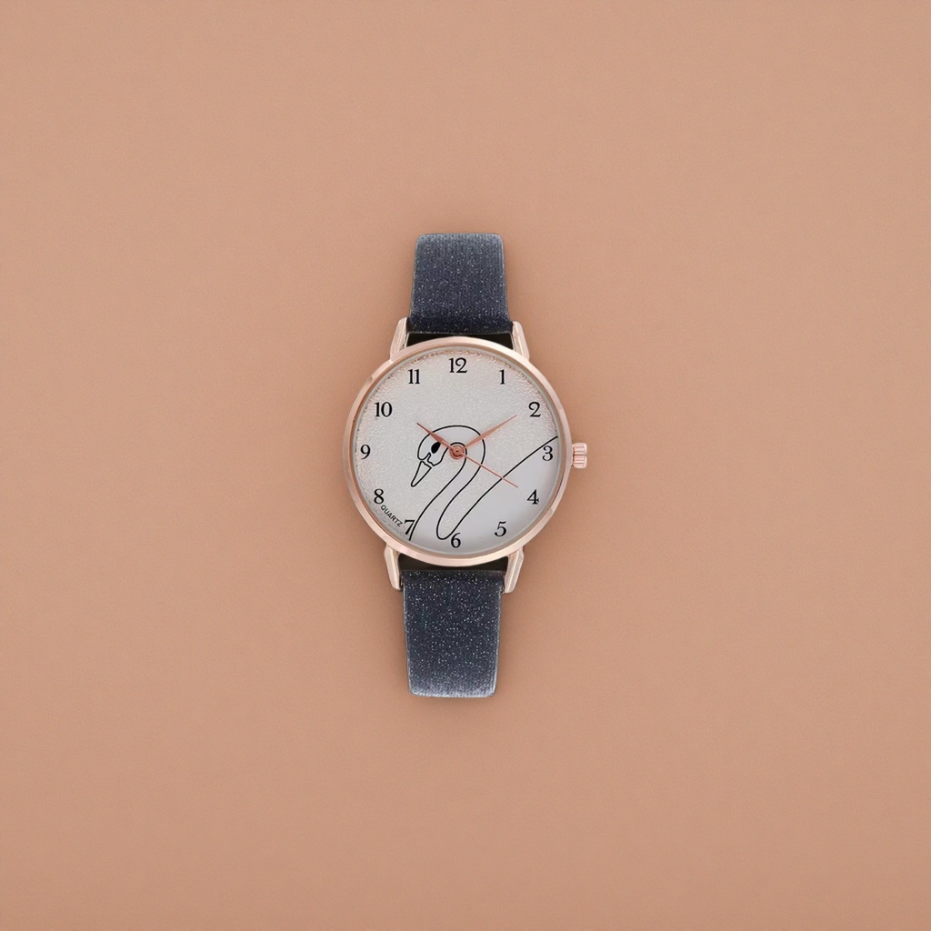 Rose gold case, black glitter strap, white dial, swan pattern watch Application Scenario