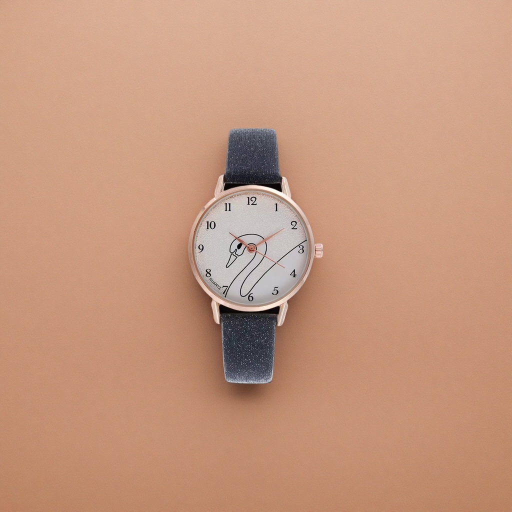 Rose gold case, black glitter strap, white dial, swan pattern watch details Picture