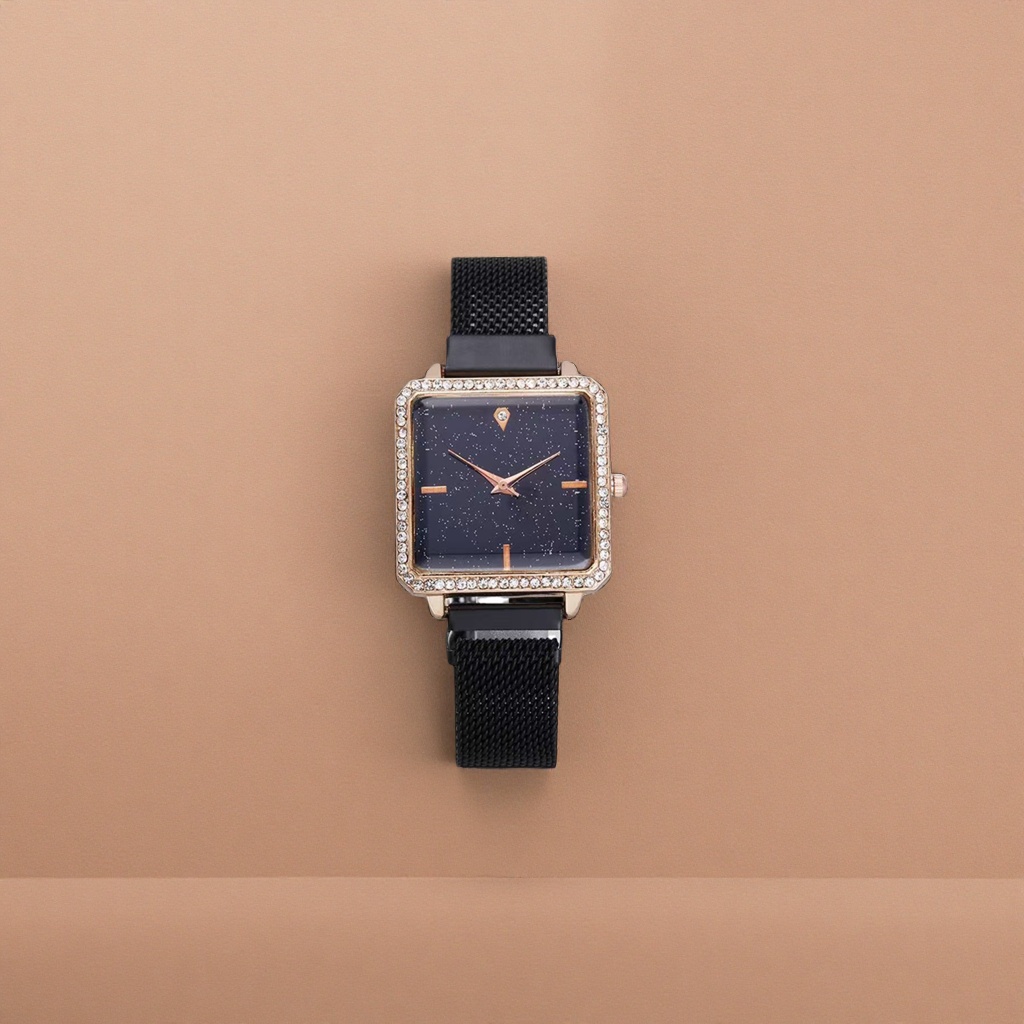 Rose gold diamond-encrusted square watch with black mesh strap, fashionable and light luxury ladies' wristwatch