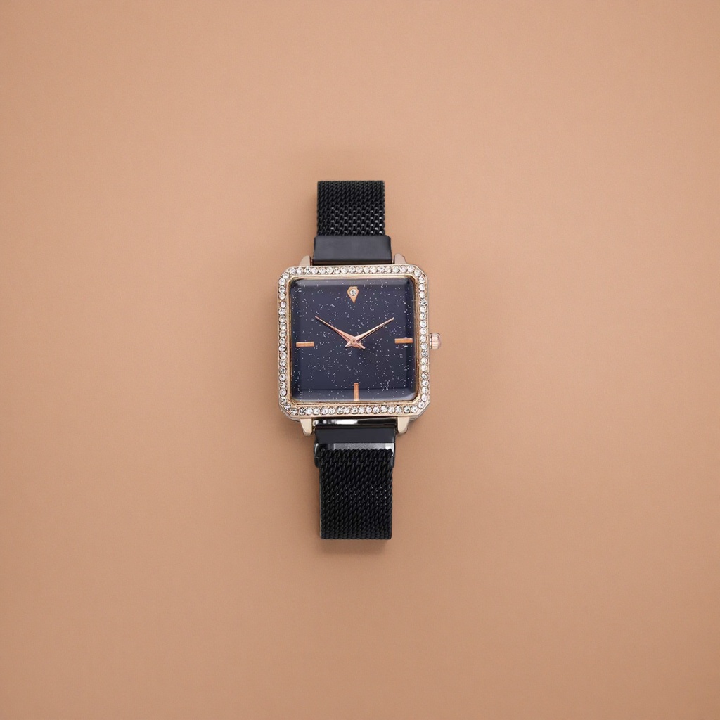 Rose gold diamond-encrusted square watch with black mesh strap, fashionable and light luxury ladies' wristwatch details Picture