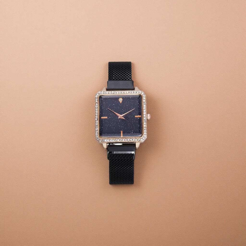 Rose gold diamond-encrusted square watch with black mesh strap, fashionable and light luxury ladies' wristwatch Application Scenario