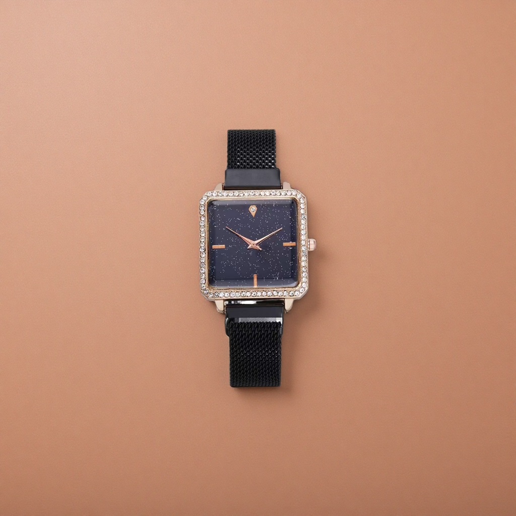 Rose gold diamond-encrusted square watch with black mesh strap, fashionable and light luxury ladies' wristwatch Specification image