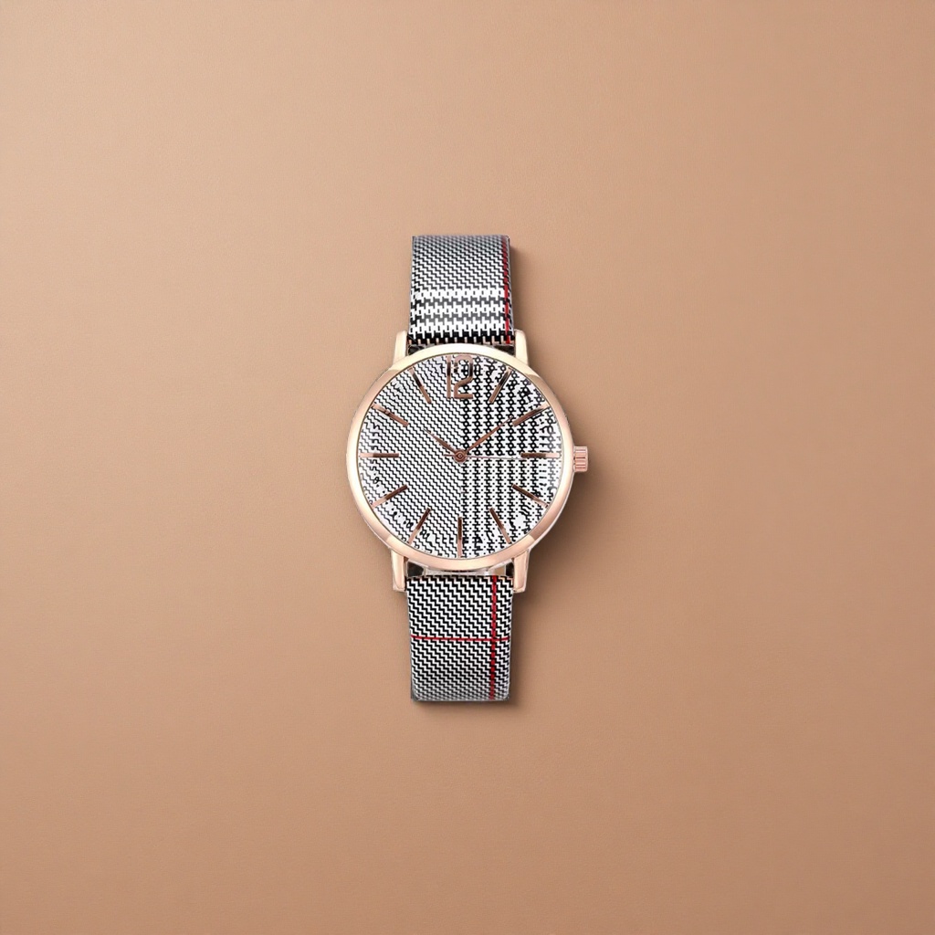 Rose gold case, black and white geometric pattern dial, black and white red checkered strap watch details Picture