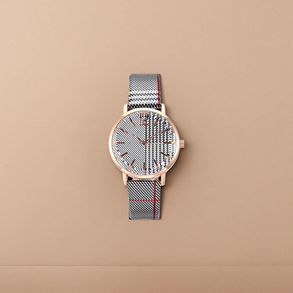 Rose gold case, black and white geometric pattern dial, black and white red checkered strap watch Specification image