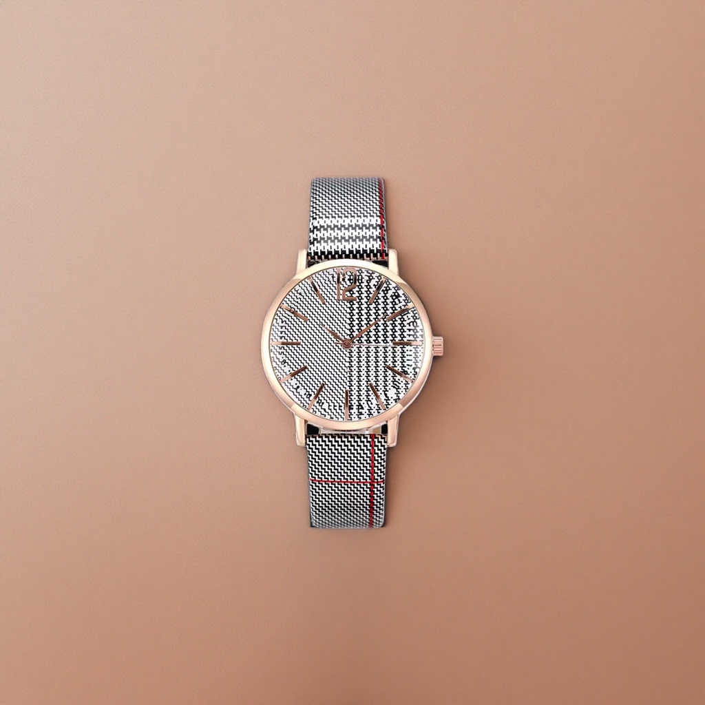 Rose gold case, black and white geometric pattern dial, black and white red checkered strap watch Application Scenario
