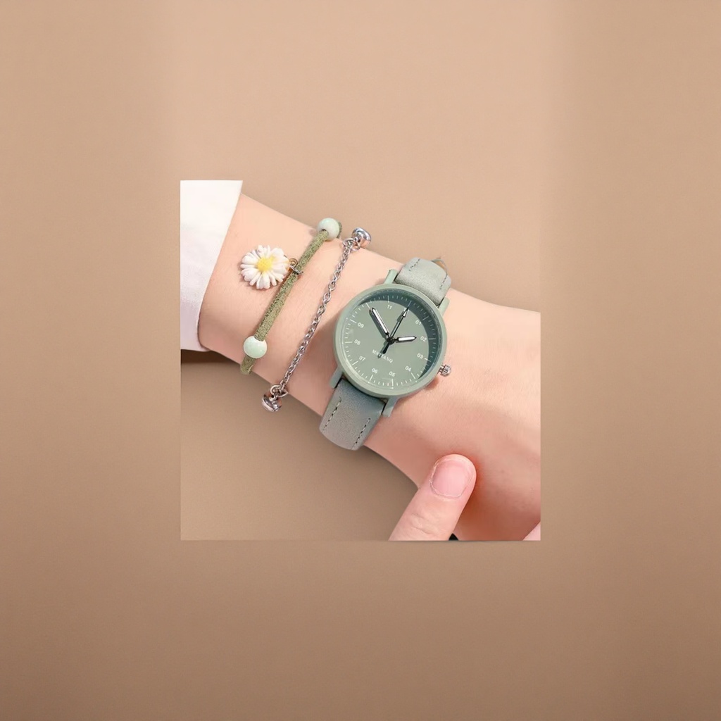 A green watch paired with a flower bracelet is a simple, fashionable and light luxury accessory for women details Picture