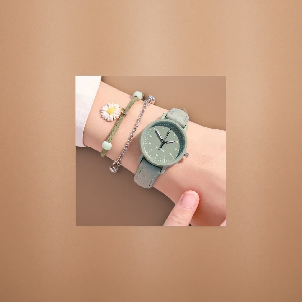 A green watch paired with a flower bracelet is a simple, fashionable and light luxury accessory for women Specification image