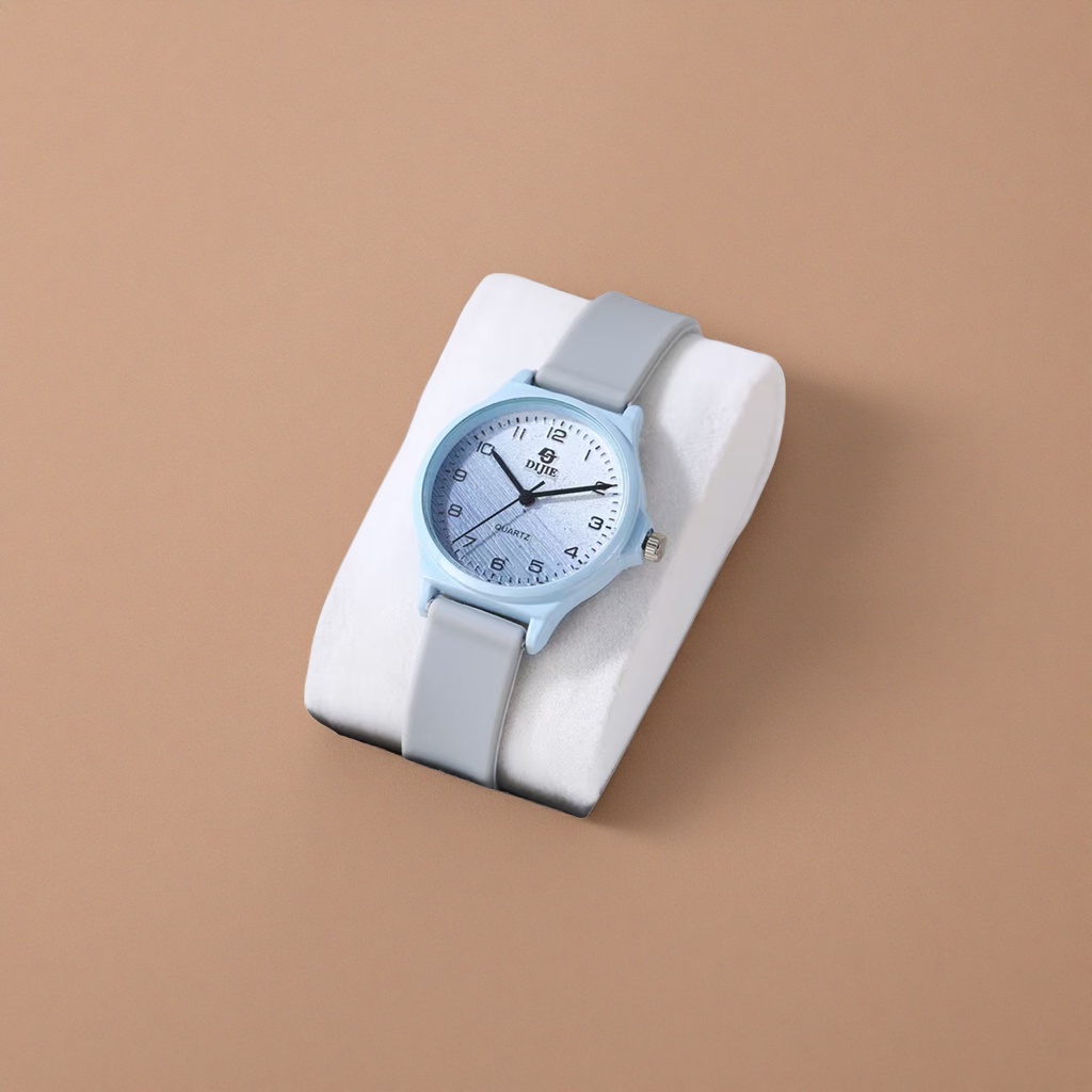 A men's quartz watch with a light blue case and a grey strap details Picture