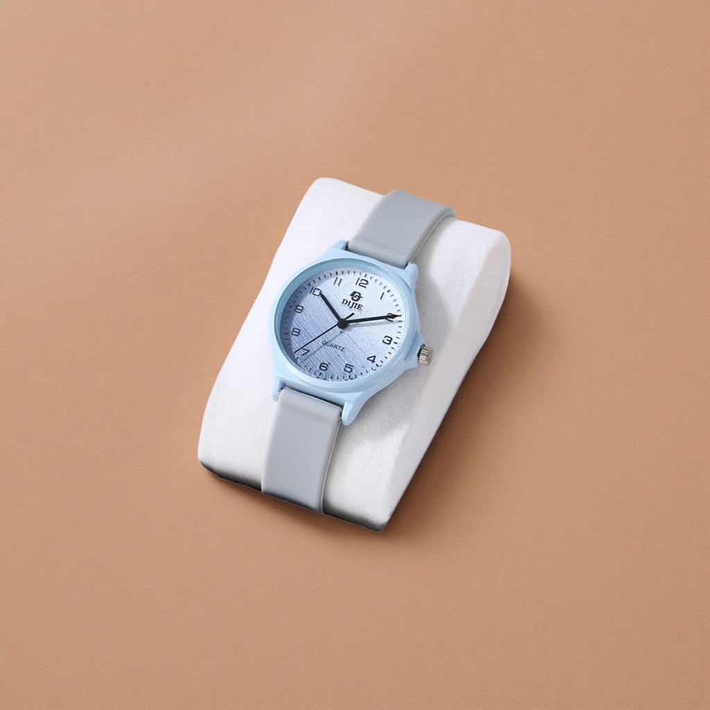 A men's quartz watch with a light blue case and a grey strap Specification image