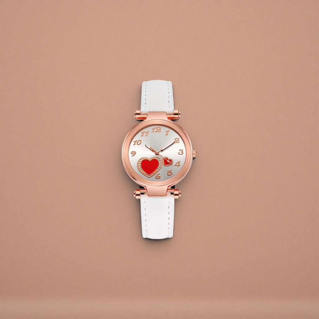 The watch features a white strap, rose gold case, silver dial and red heart decoration Application Scenario