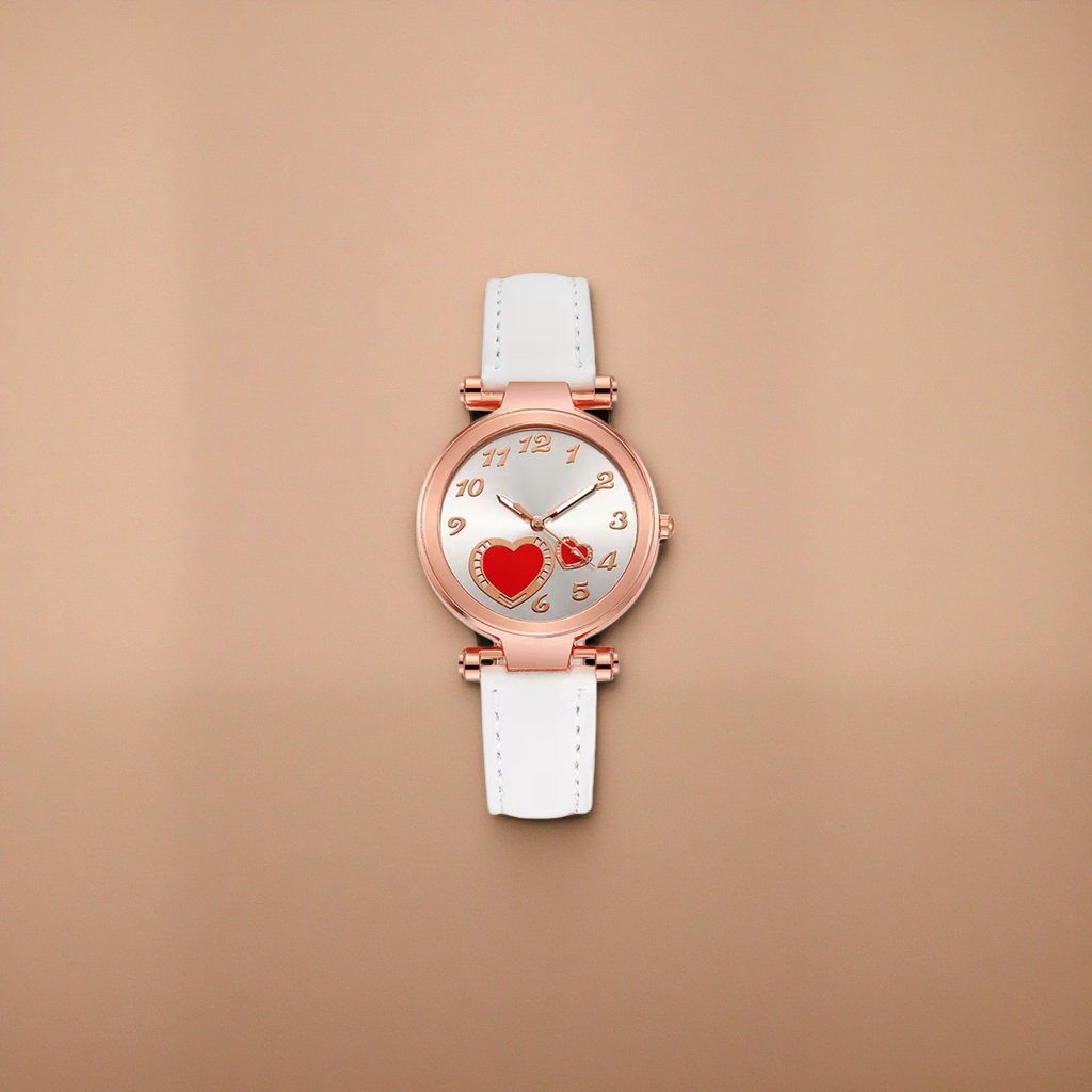 The watch features a white strap, rose gold case, silver dial and red heart decoration Specification image