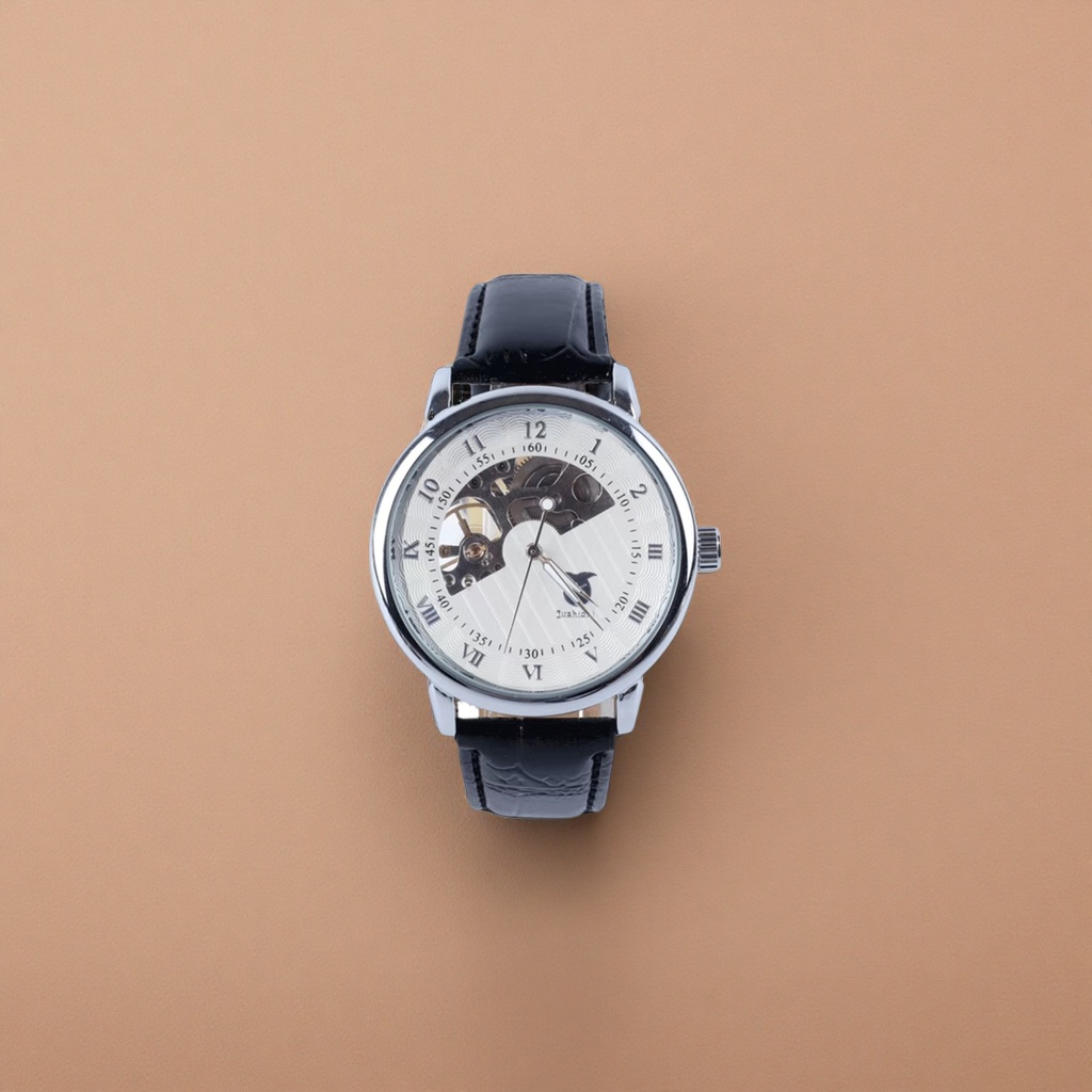 Серебристая скорлупа, черный пояс, механические часы Specification image
