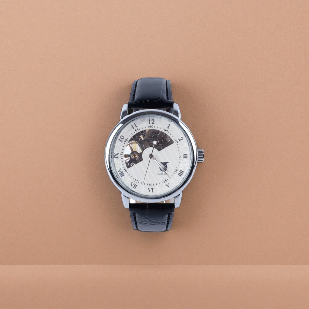 A simple business wristwatch for men with a silver case and black leather strap