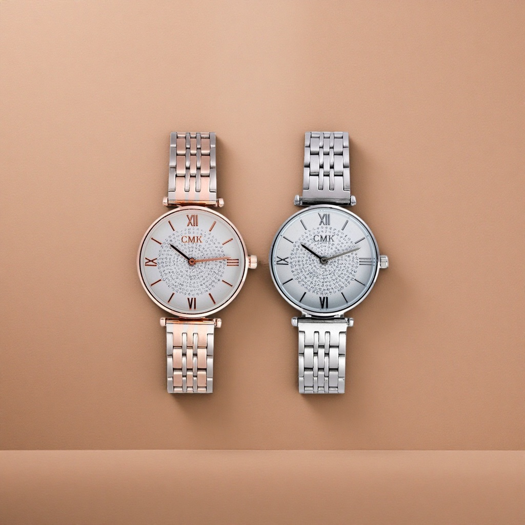 The rose gold and silver dual-color strap watch. The silver strap watch is fashionable and versatile, suitable for a light luxury lady