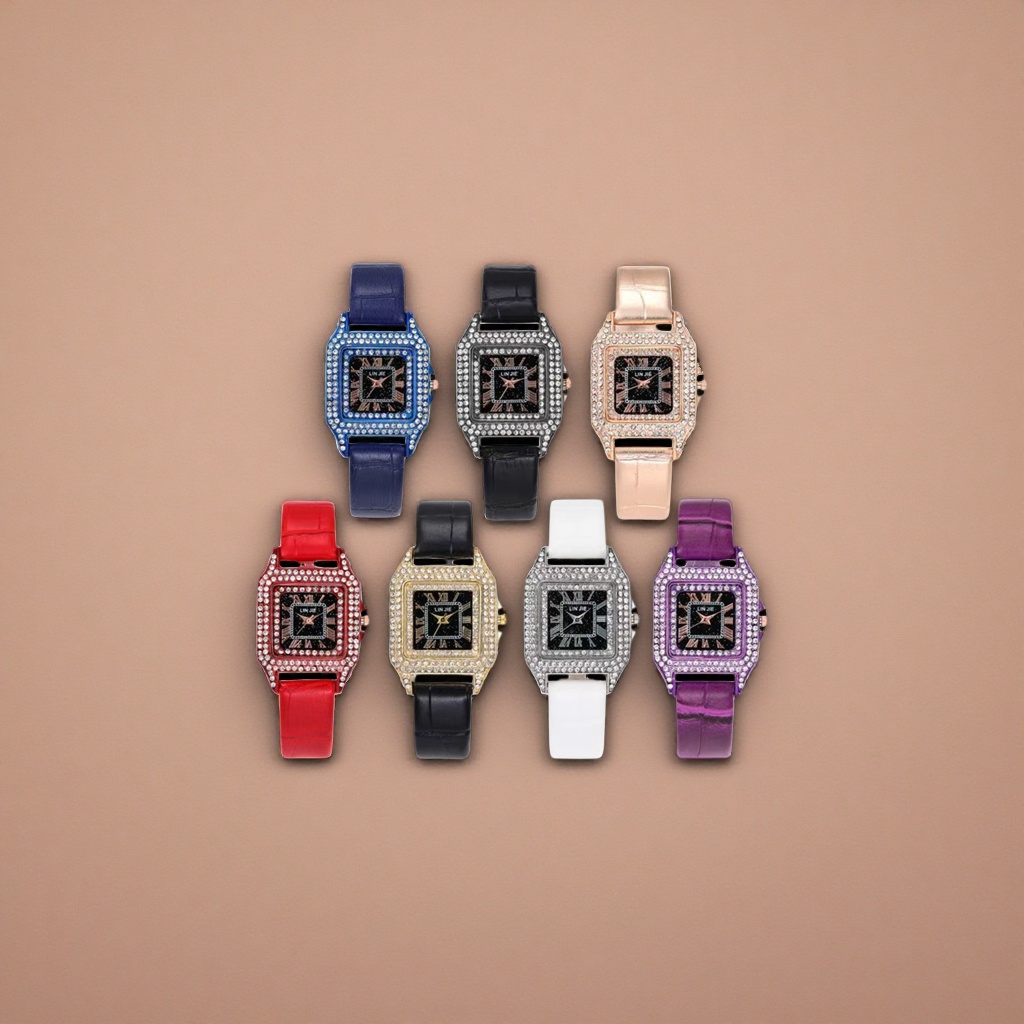 Seven diamond-encrusted square dial ladies' leather strap watches details Picture