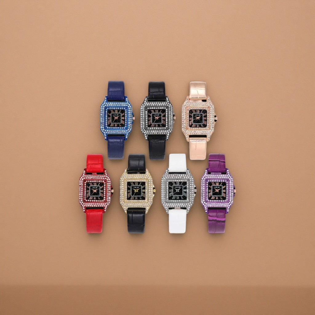 Seven diamond-encrusted square dial ladies' leather strap watches Application Scenario
