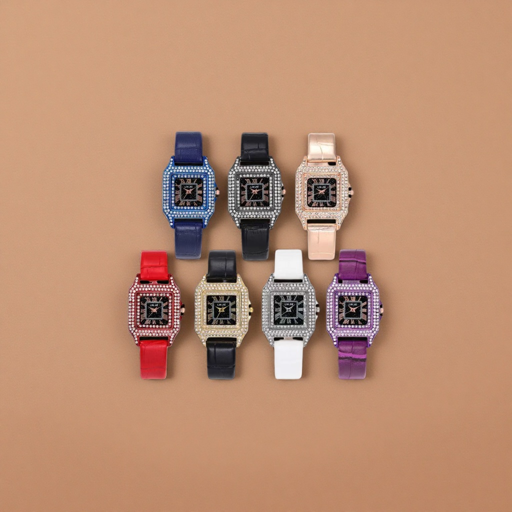 Seven diamond-encrusted square dial ladies' leather strap watches Specification image