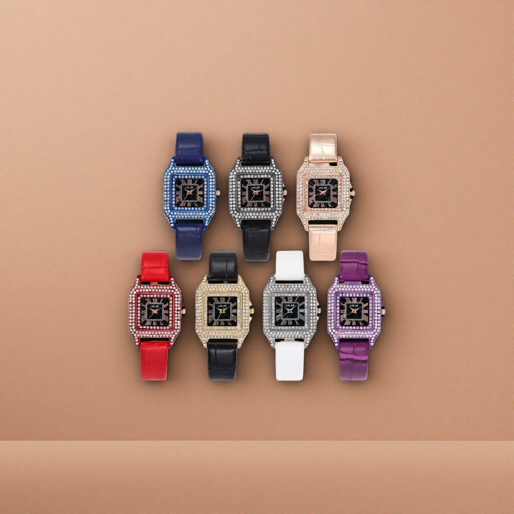 Seven diamond-encrusted square dial ladies' leather strap watches