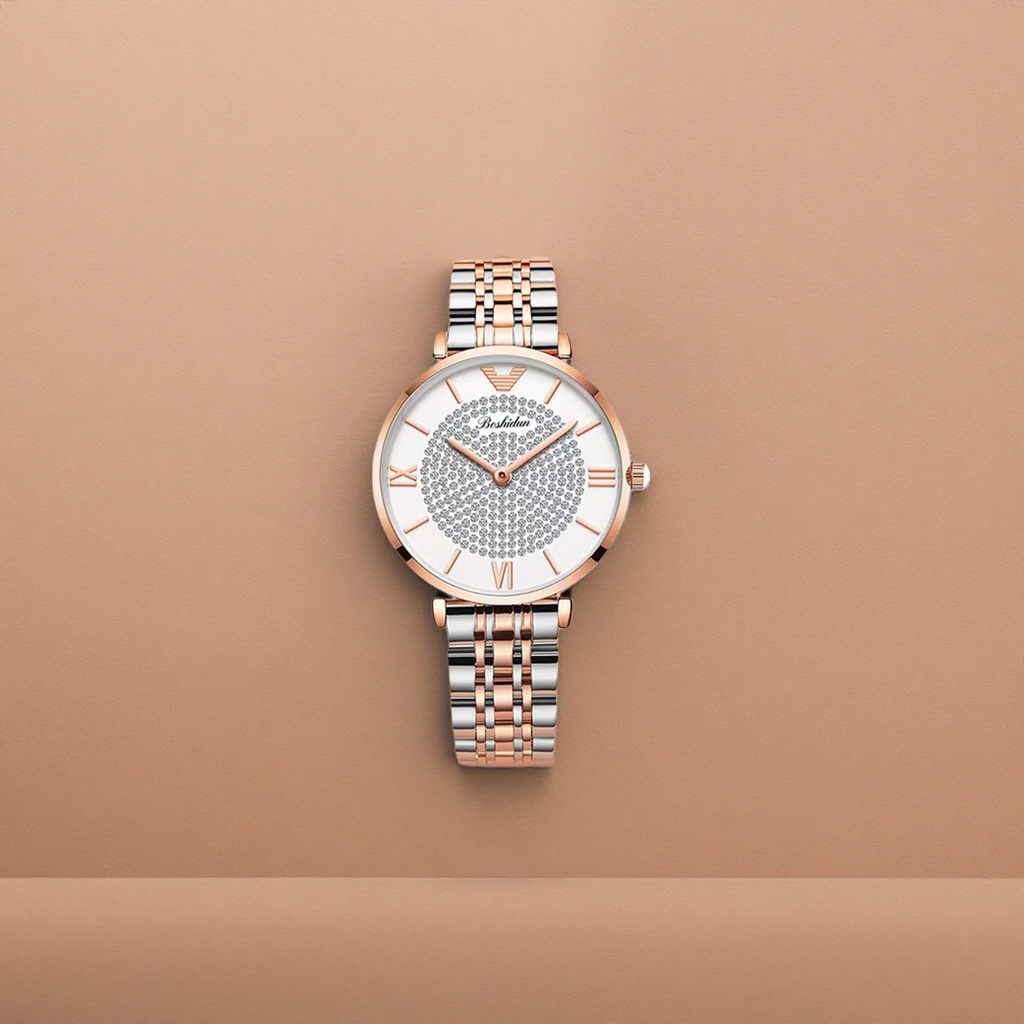 Rose gold and silver bicolor metal strap round dial watch