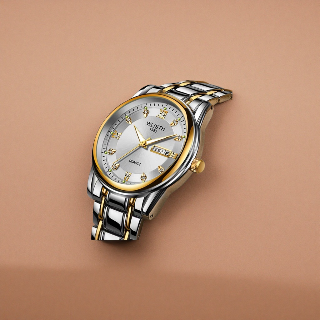 This silver and gold dual-color strap watch is fashionable and versatile, suitable for both men and women. It features a simple metallic texture Specification image
