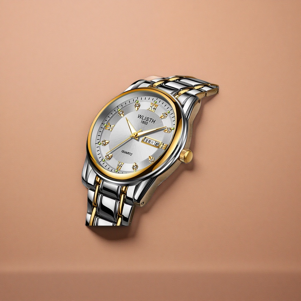 This silver and gold dual-color strap watch is fashionable and versatile, suitable for both men and women. It features a simple metallic texture Application Scenario