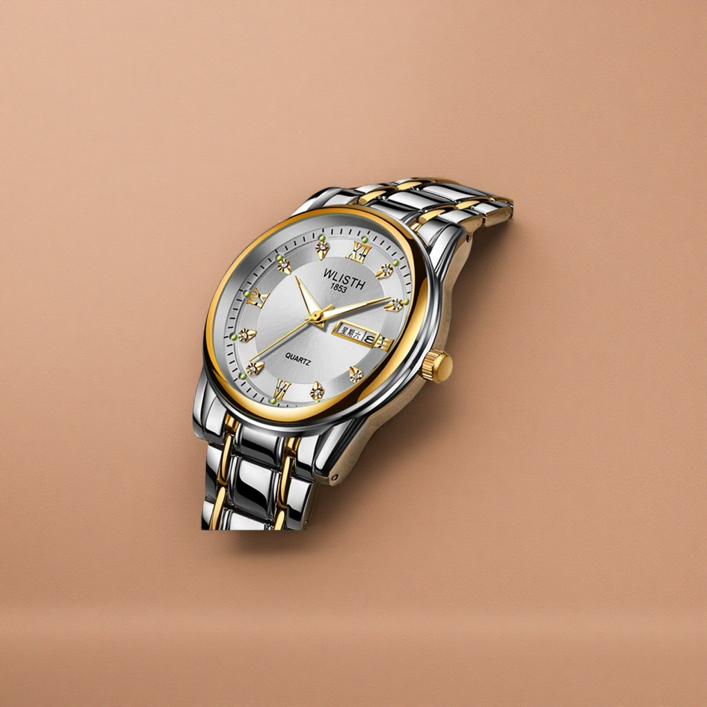 This silver and gold dual-color strap watch is fashionable and versatile, suitable for both men and women. It features a simple metallic texture