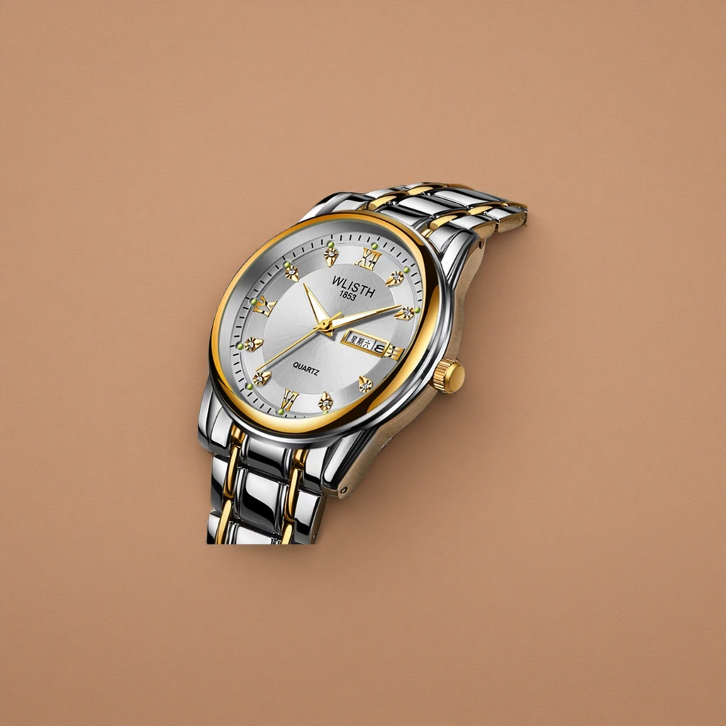 This silver and gold dual-color strap watch is fashionable and versatile, suitable for both men and women. It features a simple metallic texture details Picture