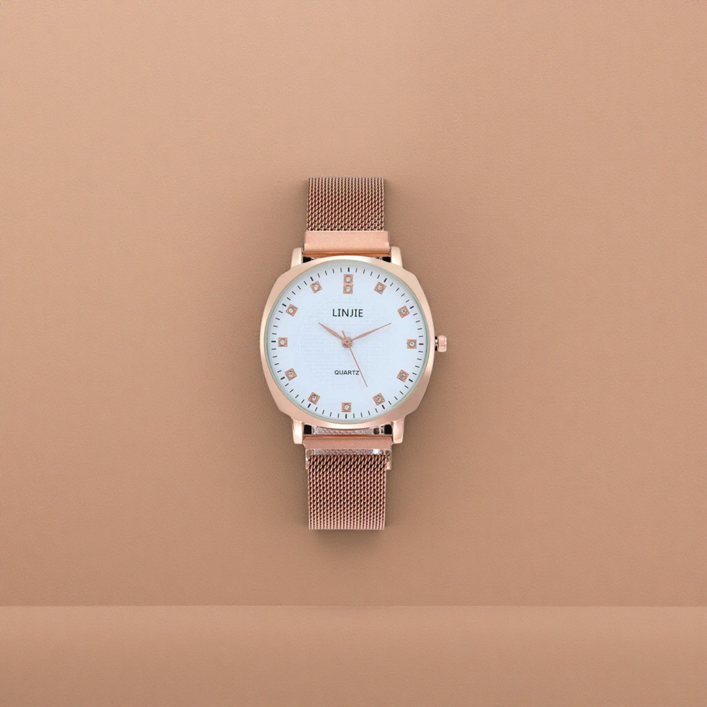 A simple and fashionable quartz watch with a rose gold strap for ladies