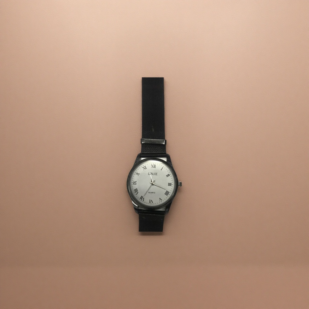 A simple business quartz watch for men with a black strap and a genuine leather strap details Picture