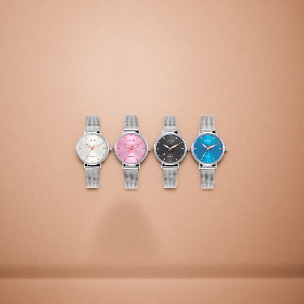 Four watches with colorful dials and silver metal mesh straps Application Scenario