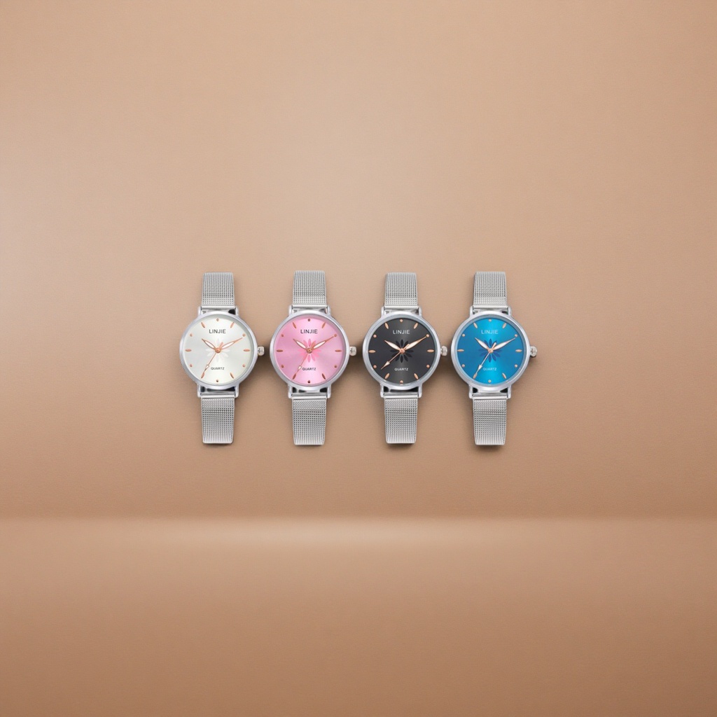 Four watches with colorful dials and silver metal mesh straps details Picture