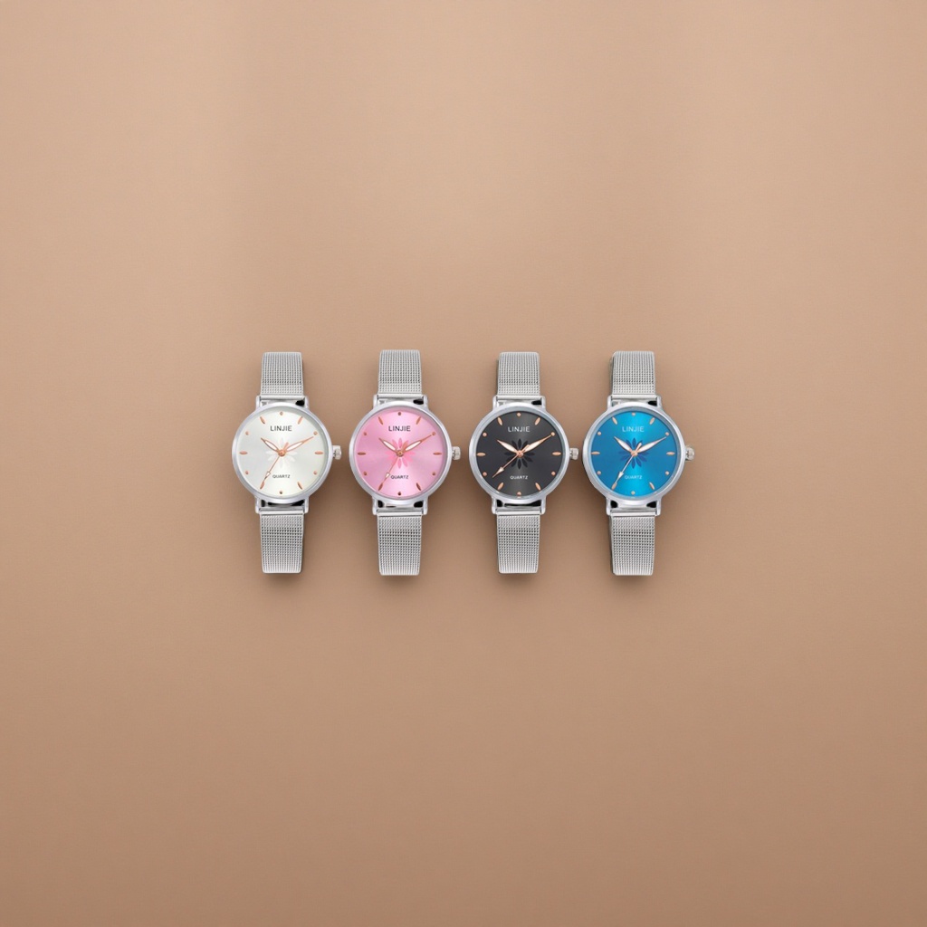 Four watches with colorful dials and silver metal mesh straps Specification image
