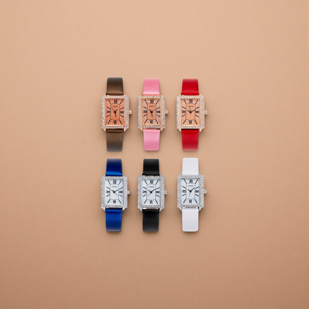 Six diamond-encrusted square dial watches with multi-color leather straps Application Scenario
